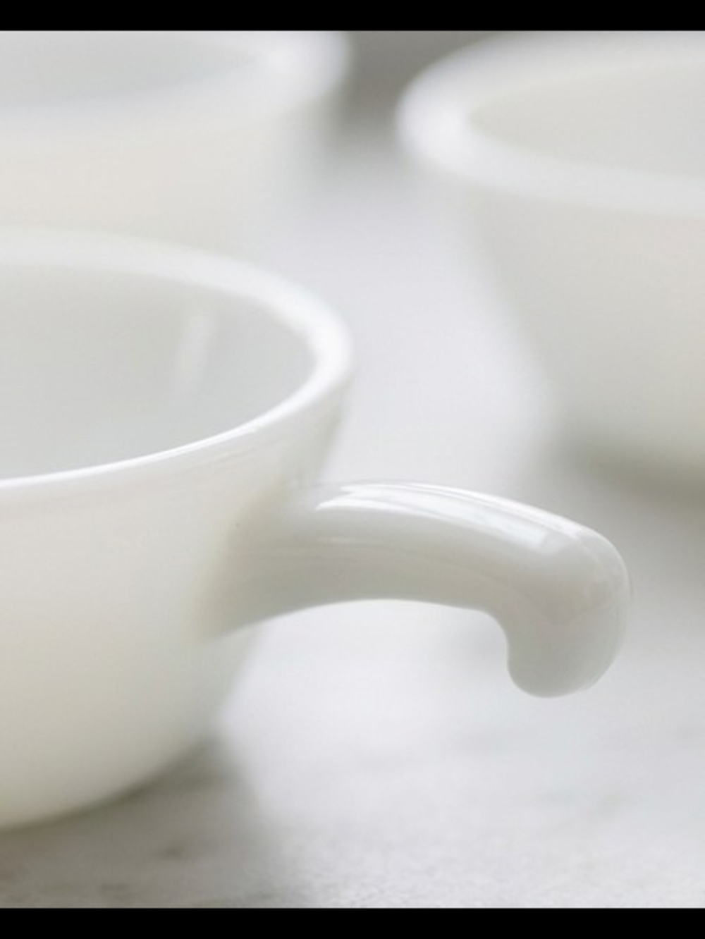 FIRE KING White Soup Bowls with Curved Handle